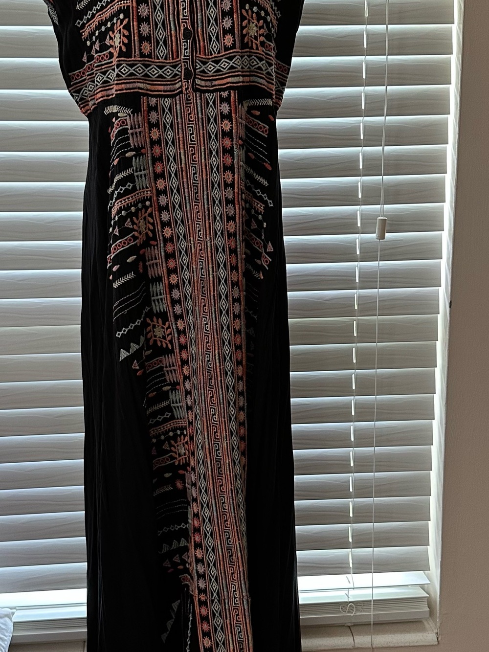 Johnny Was Black Maxi Dress with Pink and Cream Embroidery